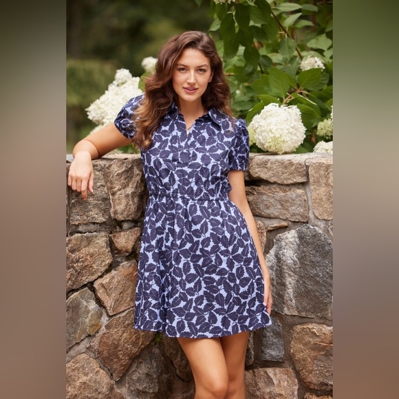 Sail to Sable Dresses & Skirts - Sail to Sable Autumn Leaf Print Puff Sleeve Shirt Dress - Hydrangea/Navy Size L